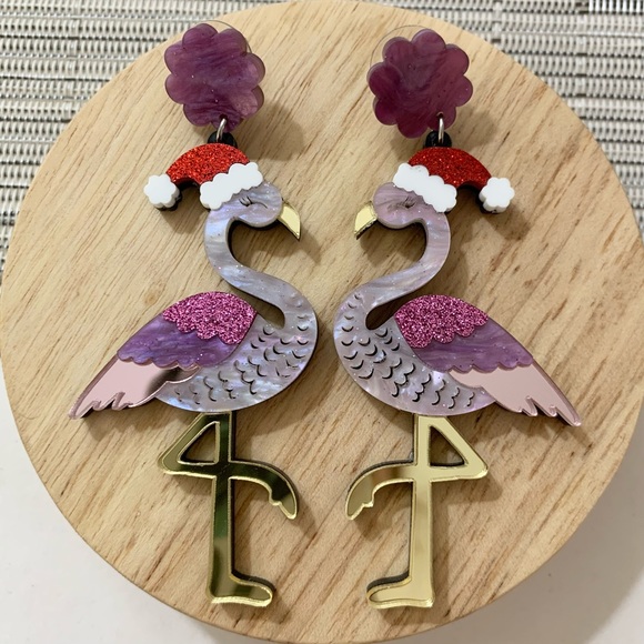 Christmas Earrings - Acrylic Pink Flamingo w Stainless Steel Stud Xmas Festive - Picture 2 of 6